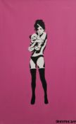 After BANKSY, Sexy Girl Hugging Teddy Bear, painting on pink canvas. 49.5 x 79.5 cm.