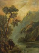 LATE 19TH CENTURY SCHOOL, Boat on a River Gorge, oil on canvas, framed. 44.5 x 59.5 cm.