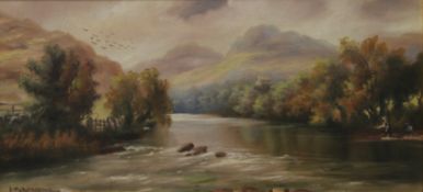 J M ALLANDALE, Fly Fishing on a River, oil on board, framed. 61 x 28 cm.
