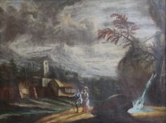An 18th/19th century oil on canvas, Figures in a Landscape, framed. 93.5 x 70.5 cm.