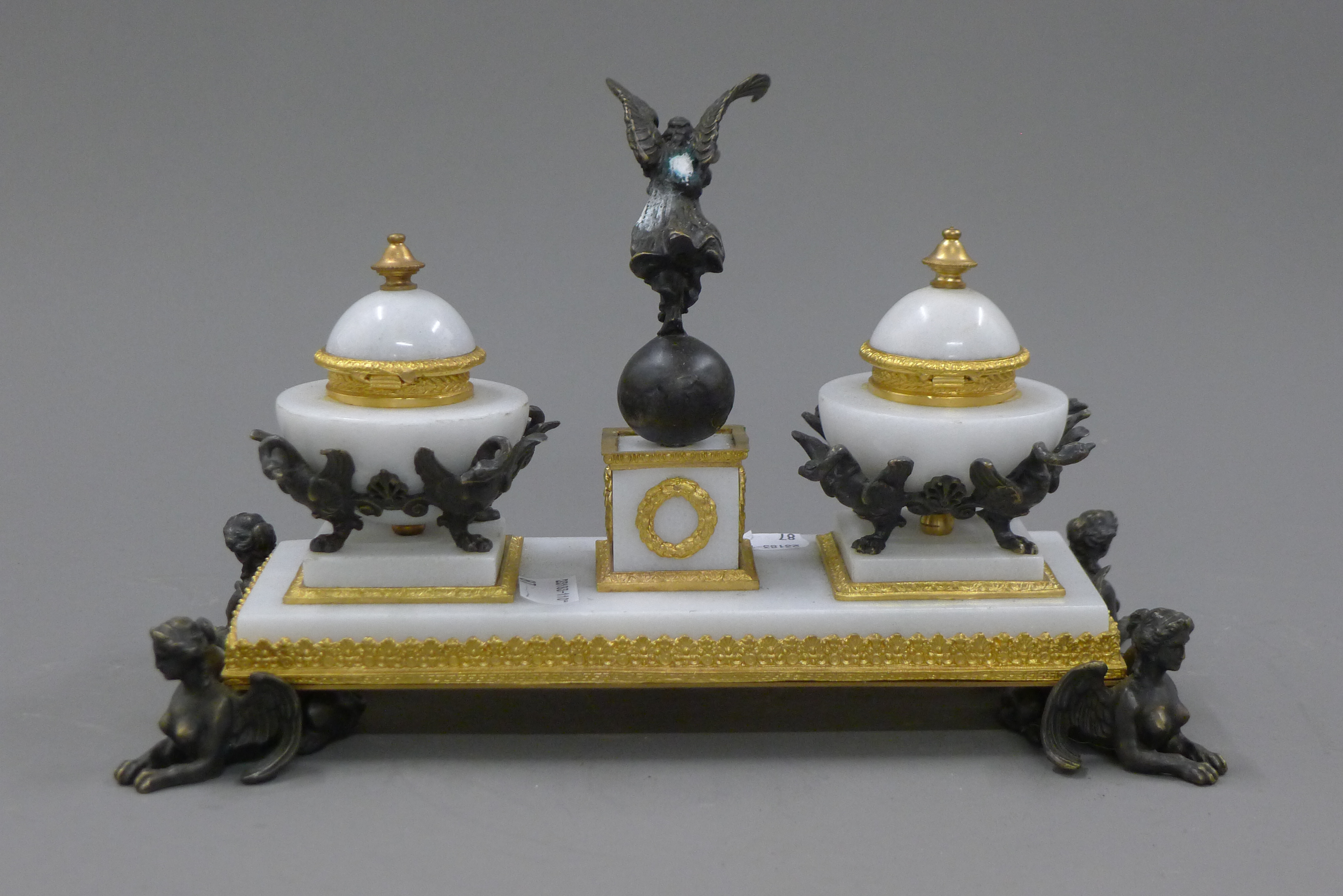 A white marble and gilt bronze desk stand. 29 cm wide. - Image 4 of 4