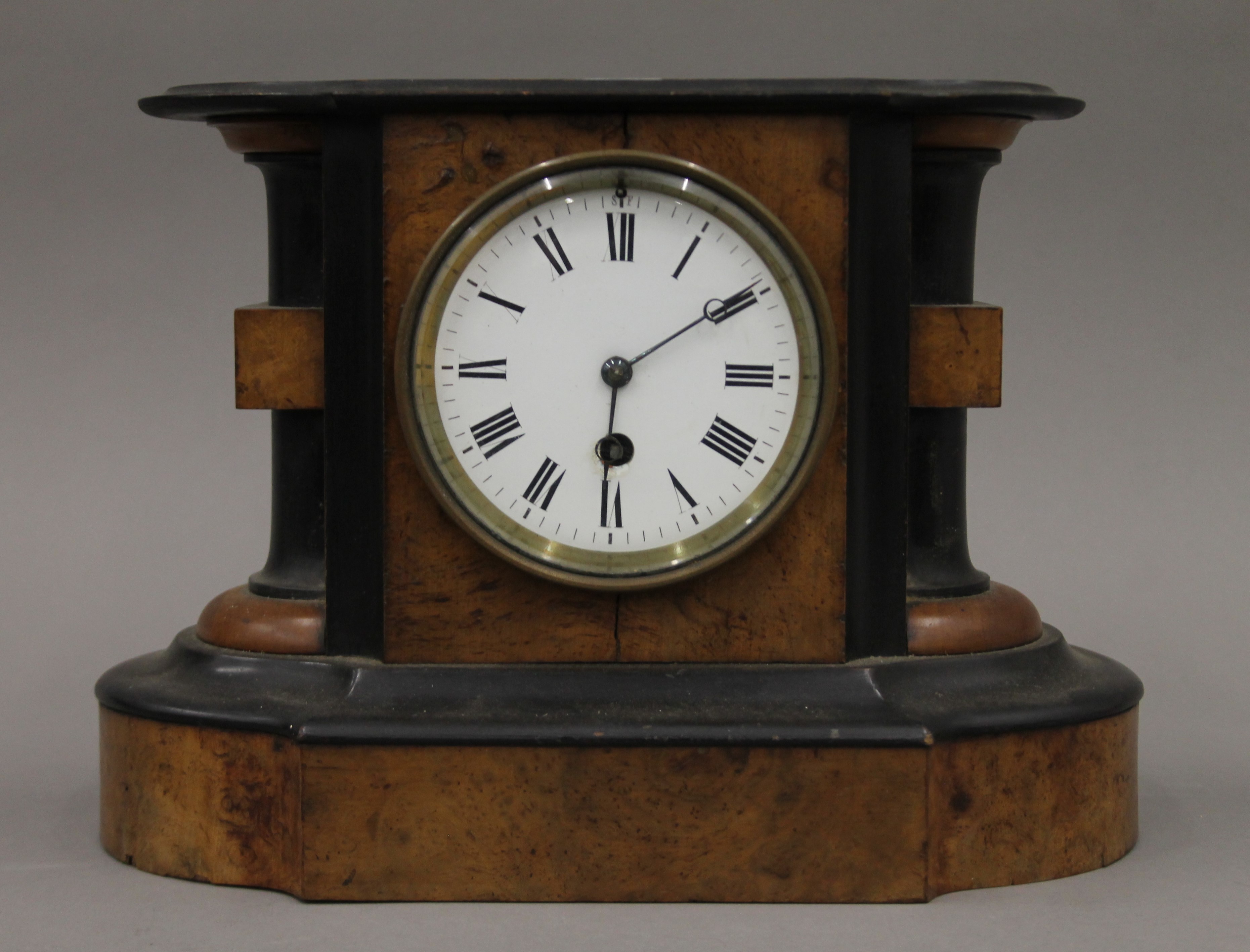 A Victorian walnut mantle clock. 30 cm wide. - Image 2 of 6