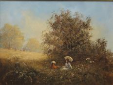 KEITH JONES, Girls Picnicking in a Field, oil on canvas, framed. 39.5 x 29 cm.