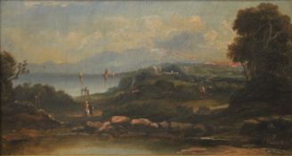 J WILLIAMS, Lake View with Mountains Beyond, oil on canvas, framed. 44.5 x 23.5 cm.