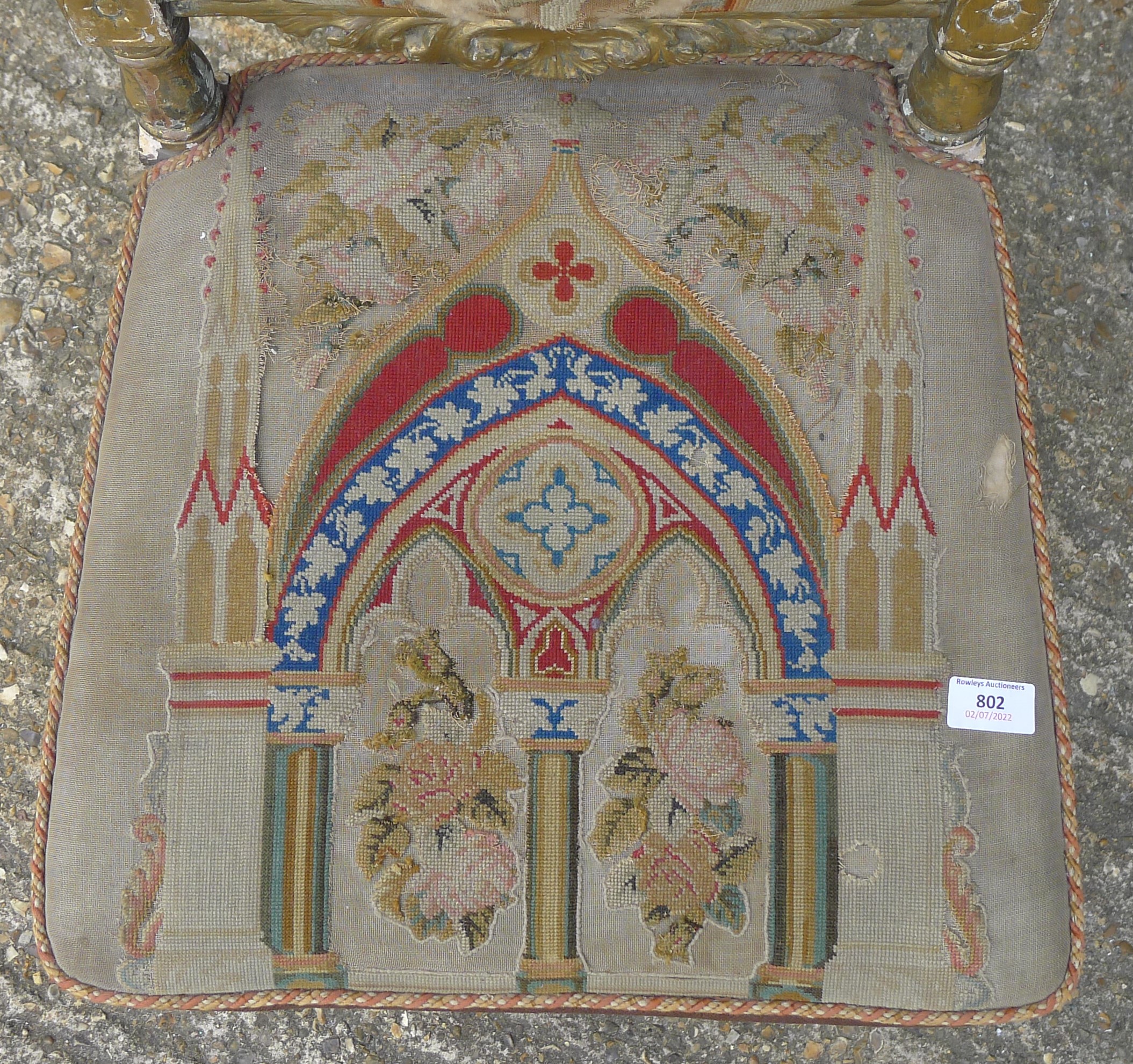 A Victorian prie dieu gilt chair with needlework upholstery. 117 cm high. - Image 5 of 6