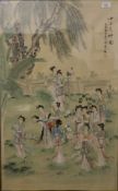 A Chinese watercolour of Ladies in a Garden, framed and glazed. 49.5 x 80.5 cm.