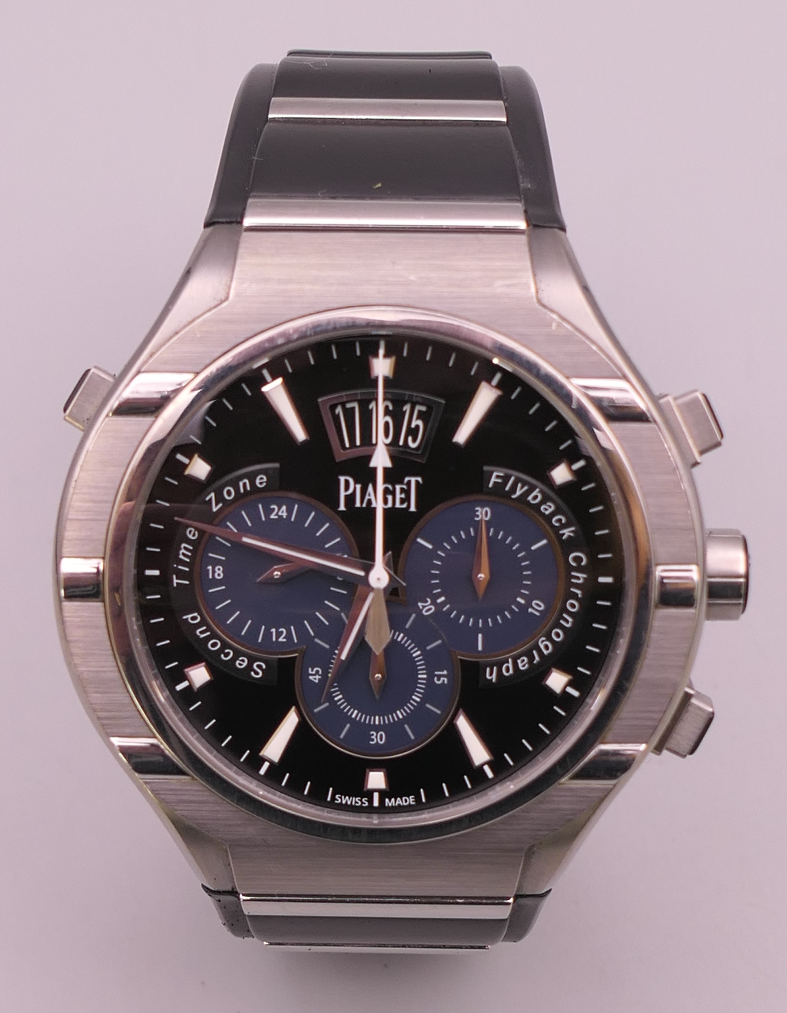 A boxed Piaget Chronograph wristwatch with papers. 4.75 cm wide.