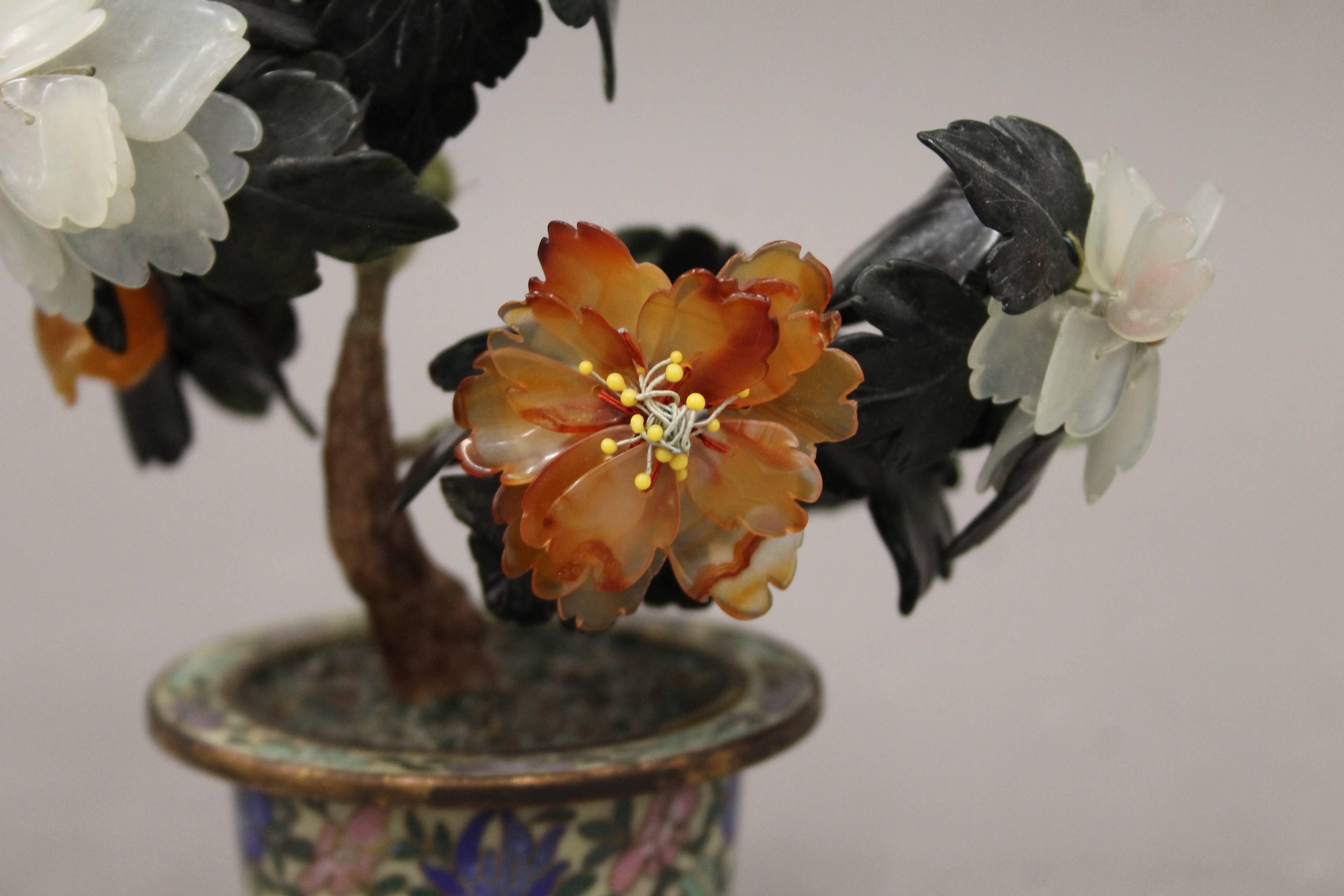 A Chinese hardstone mounted bonsai tree in a cloisonne pot. 18 cm high. - Image 2 of 4