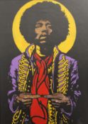 Jimi Hendrix, oil on board, framed. 48.5 x 68.5 cm.