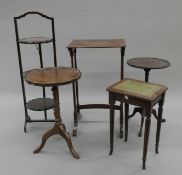 An Edwardian folding cake stand and four various side tables.