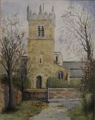 F D ROBINSON, Old Clee Church, watercolour, signed, old label to reverse, framed and glazed.