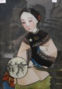 A Chinese reverse painted glass portrait of a lady, framed. 33.5 x 48.5 cm.