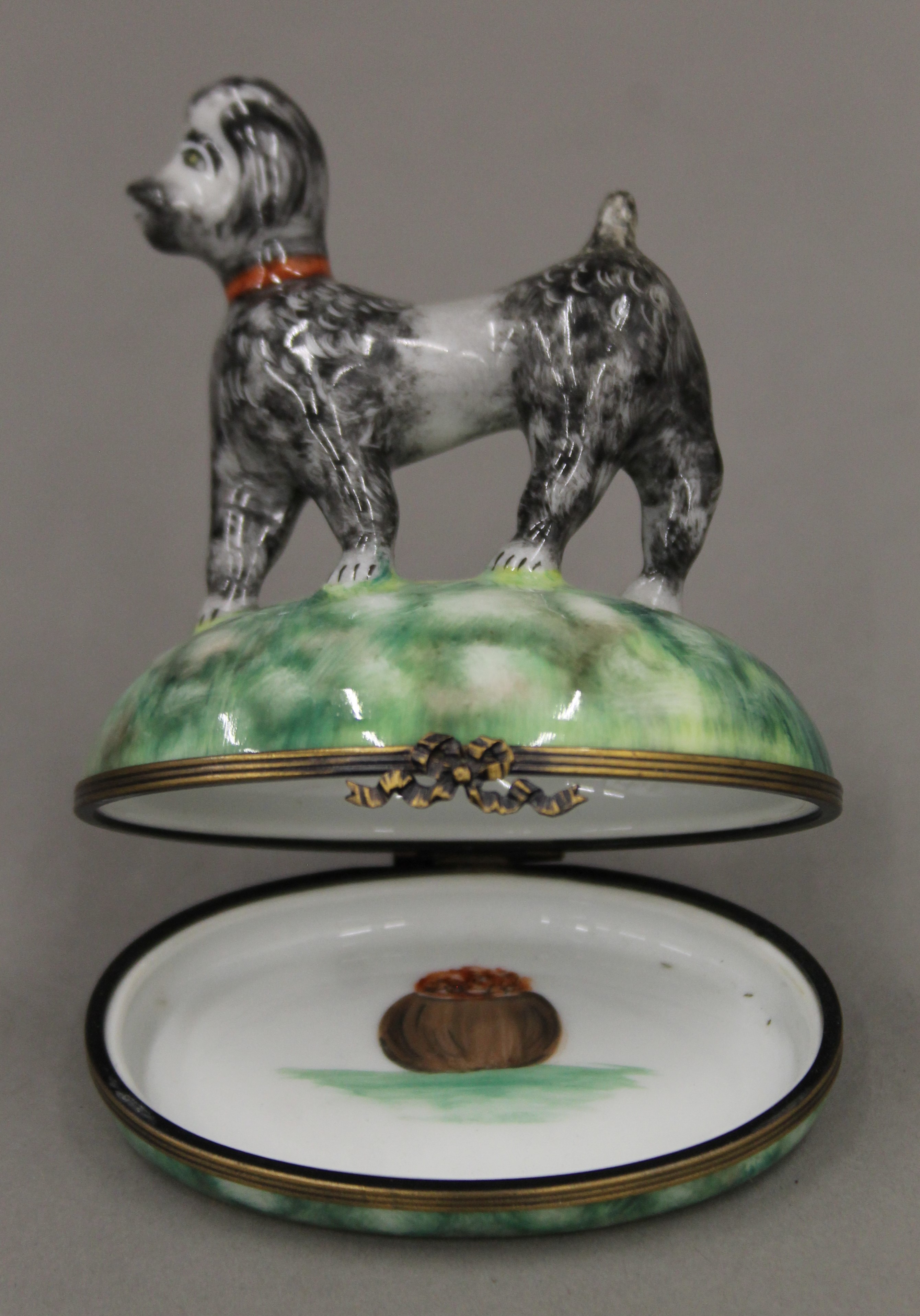 A Limoges porcelain box surmounted with a dog and two other boxes. The former 9 cm high. - Image 3 of 7