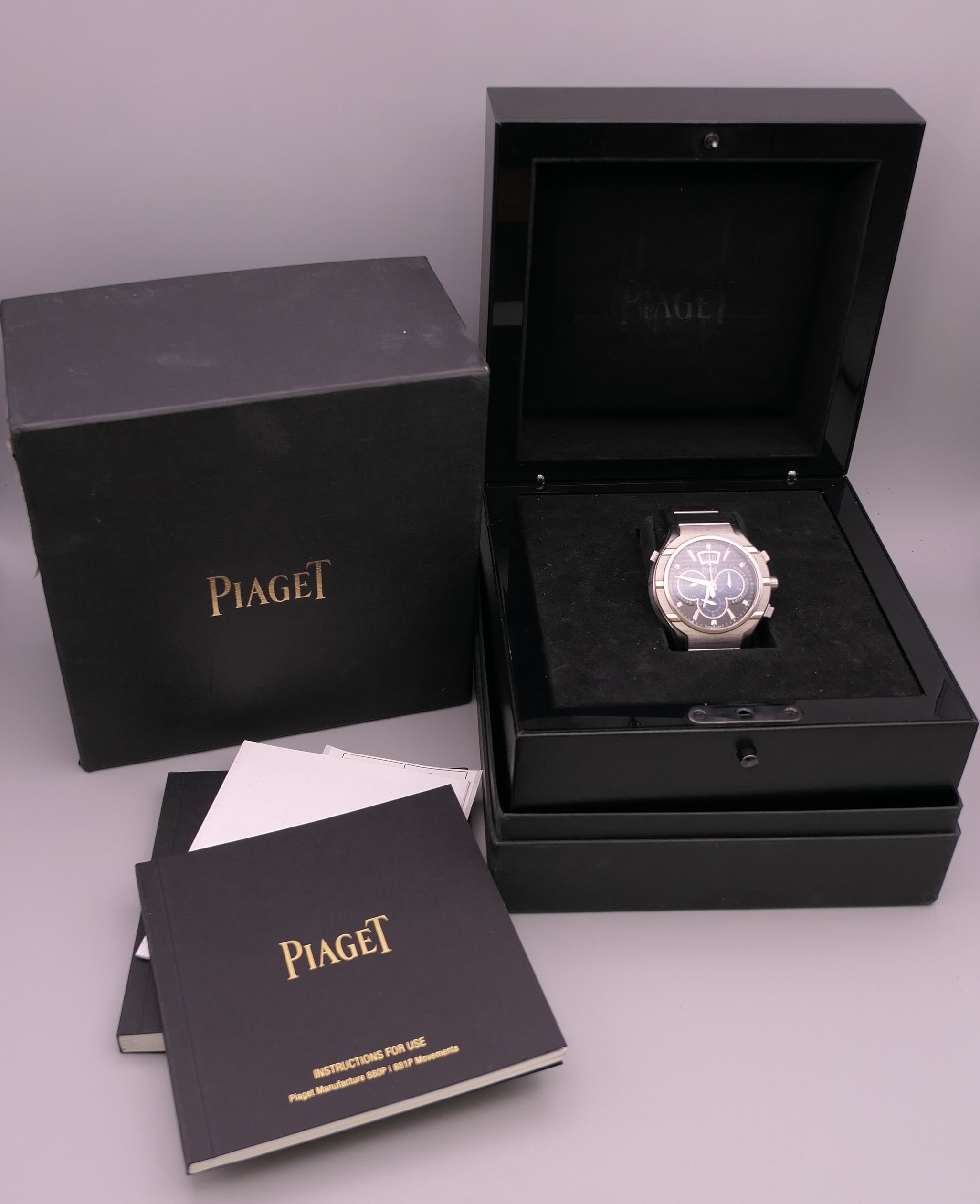 A boxed Piaget Chronograph wristwatch with papers. 4.75 cm wide. - Image 2 of 33