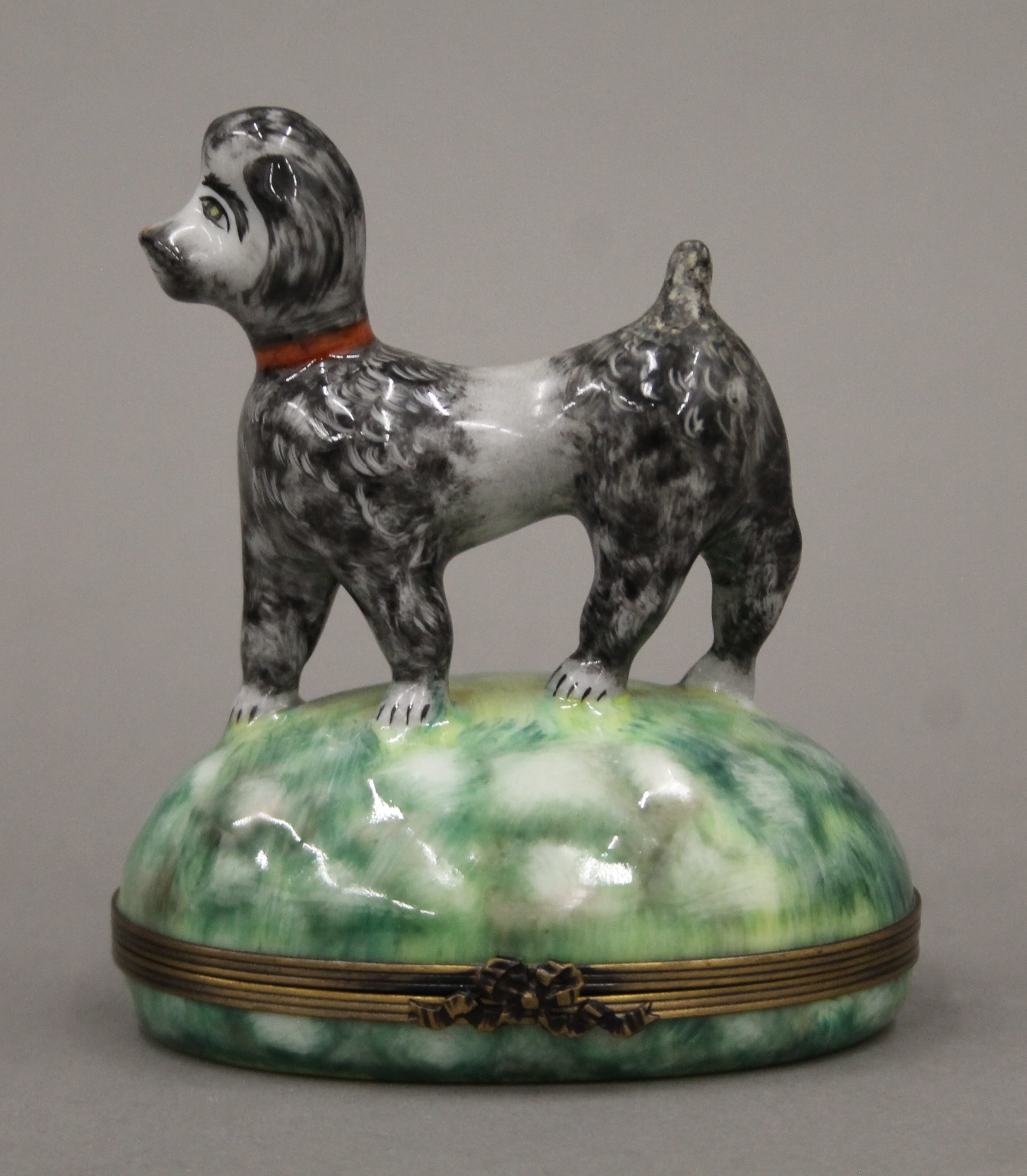 A Limoges porcelain box surmounted with a dog and two other boxes. The former 9 cm high. - Image 2 of 7
