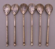 A set of six Russian niello spoons. 10.5 cm long. 86 grammes.