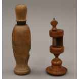 A treen sewing clamp and bottle corker. The latter 20 cm high.