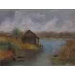 Riverside Cabin, pastel, signed RUBY H ABEL, framed and glazed. 29 x 22 cm.