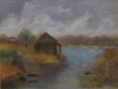 Riverside Cabin, pastel, signed RUBY H ABEL, framed and glazed. 29 x 22 cm.