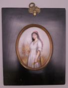 A 19th century porcelain plaque depicting 'Ruth the Gleaner' standing holding a sheaf of wheat,