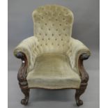 A Victorian mahogany framed upholstered button back open armchair. 73 cm wide.