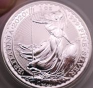 A silver 2020 Britannia 1oz coin.