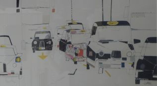 LIZ AND KATE POPE, London taxis, print, framed and glazed. 91.5 x 51.5 cm.