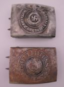 Two Nazi buckles, one SS and the other Infantry. Each approximately 5 cm x 6.5 cm.