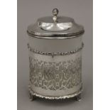 A silver mounted glass preserve jar. 12 cm high. 117.3 grammes.