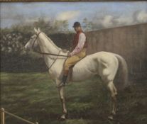 Grey Mare with Jockey Up, oil on canvas, framed. 31.5 x 26.5 cm.