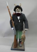 A taxidermy specimen of a Red fox Vulpes vulpes dressed as a shooting gentleman. 114 cm high.