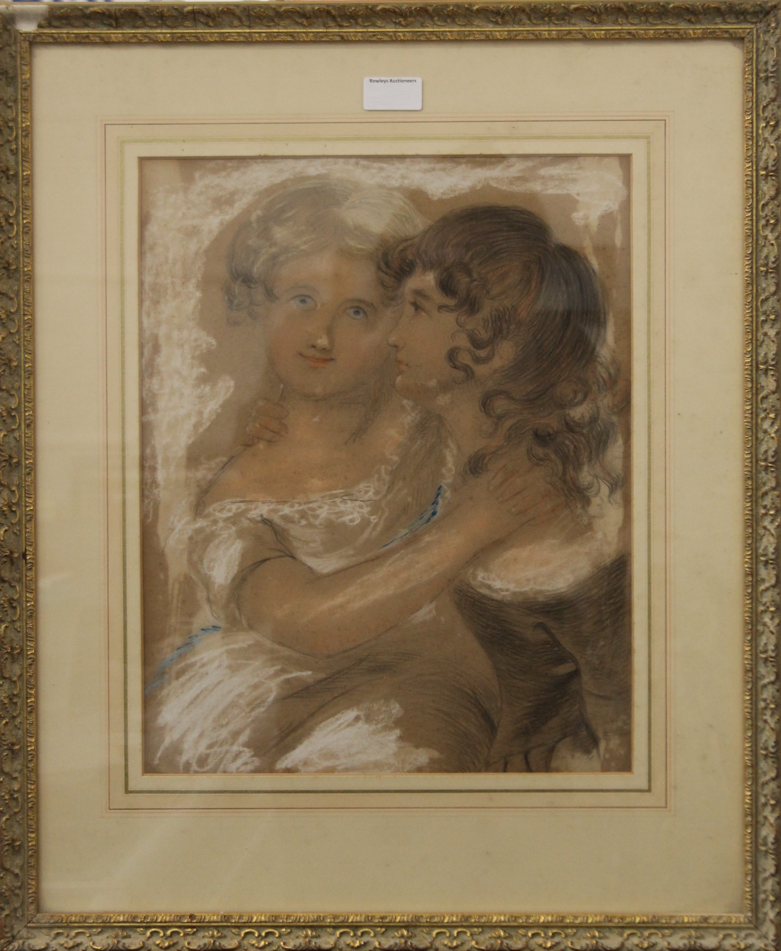 A Victorian pencil and pastel of Two Young Girls, unsigned, framed and glazed. 51 x 62 cm overall. - Image 2 of 2