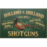 A painted wooden Holland and Holland sign. 85.5 x 54 cm.