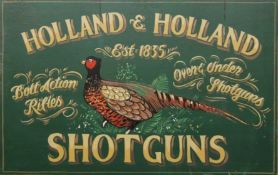 A painted wooden Holland and Holland sign. 85.5 x 54 cm.