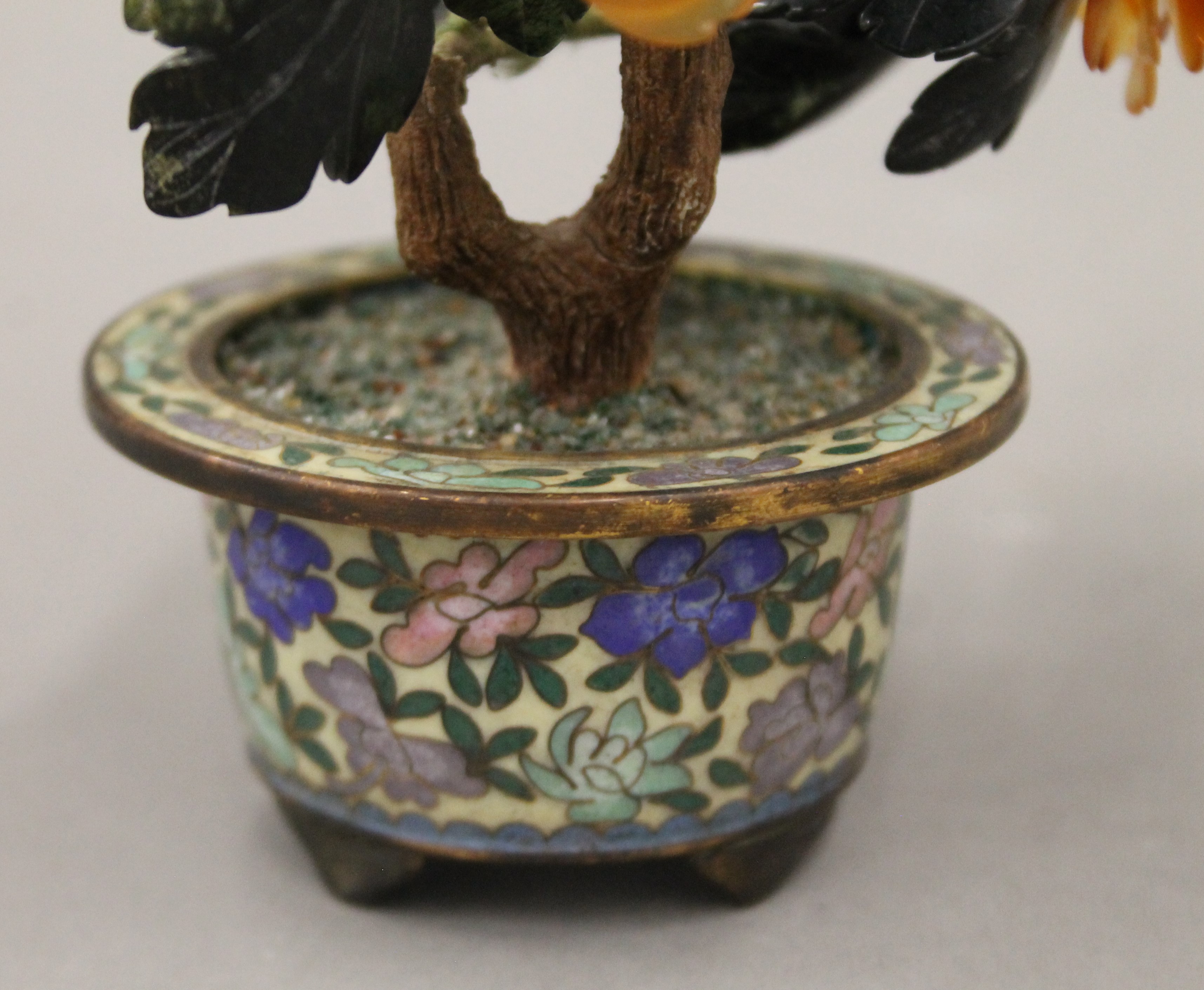 A Chinese hardstone mounted bonsai tree in a cloisonne pot. 18 cm high. - Image 3 of 4