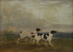 A setter and a pointer dog, oil on board, framed. 35.5 x 26 cm.