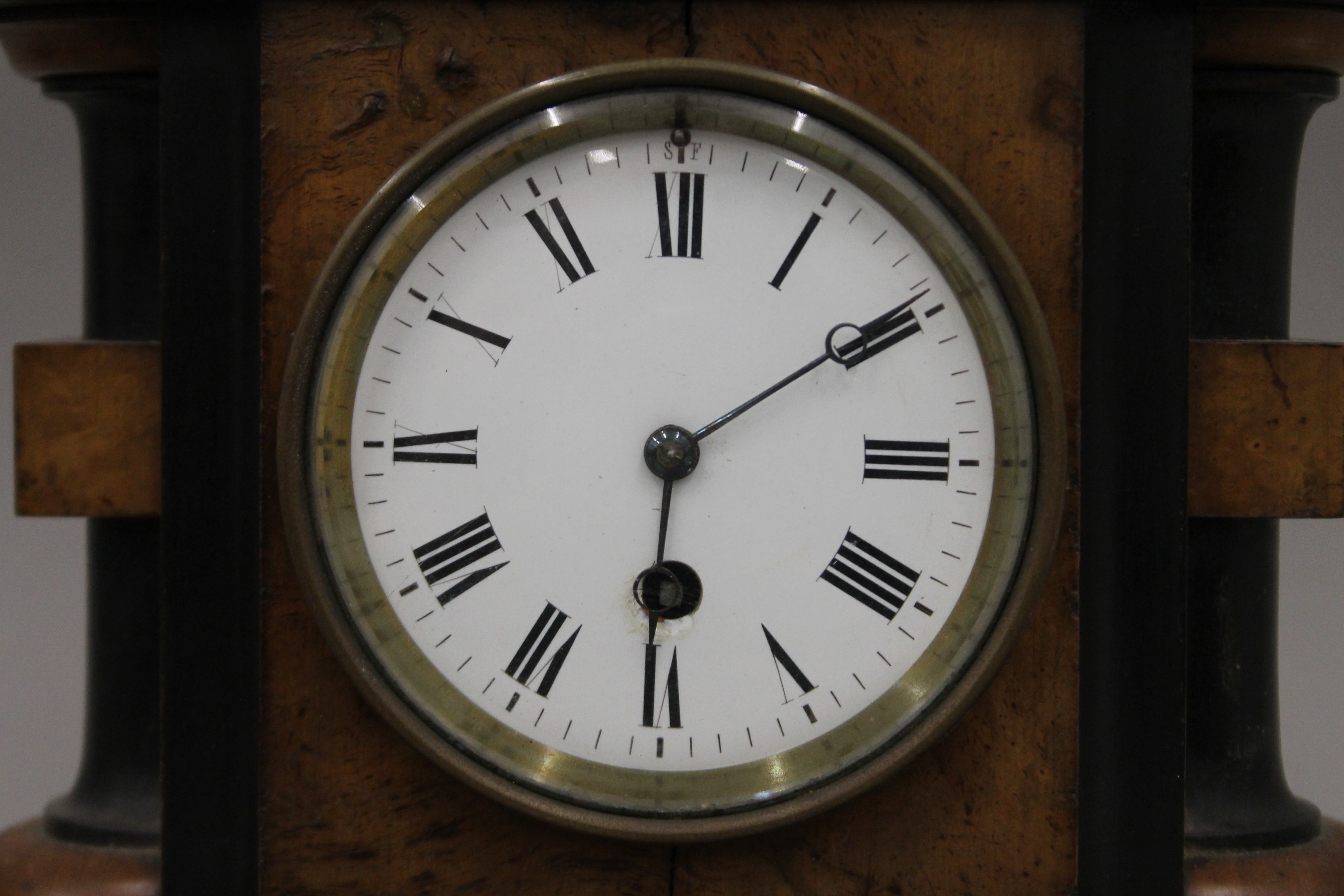 A Victorian walnut mantle clock. 30 cm wide. - Image 3 of 6