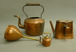 Three antique copper kettles and a funnel.