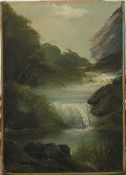 LATE 19TH/EARLY 20TH CENTURY, Waterfall, oil on canvas, unframed. 25 x 35.5 cm.