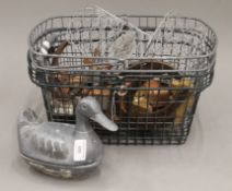 Two vintage shopping baskets, a pewter duck, etc.