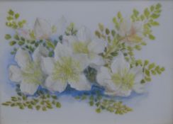 A painting of flowers on glass, framed and glazed, together with a watercolour of Cromer,
