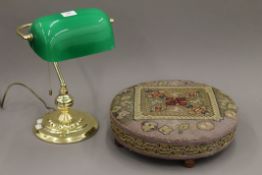 A tapestry top stool and a desk lamp. The former 36 cm diameter.