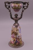 A 19th century unmarked silver and Vienna enamelled wager cup. 14 cm high.