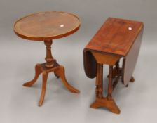 A modern yew wood veneered oval side table and a drop leaf coffee table. The former 44 cm wide.
