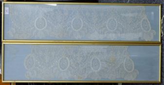 Two framed white lace borders. 88 cm long overall.