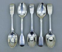 Five 19th century Fiddle pattern silver teaspoons by various London makers. 101.3 grammes.