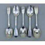 Five 19th century Fiddle pattern silver teaspoons by various London makers. 101.3 grammes.
