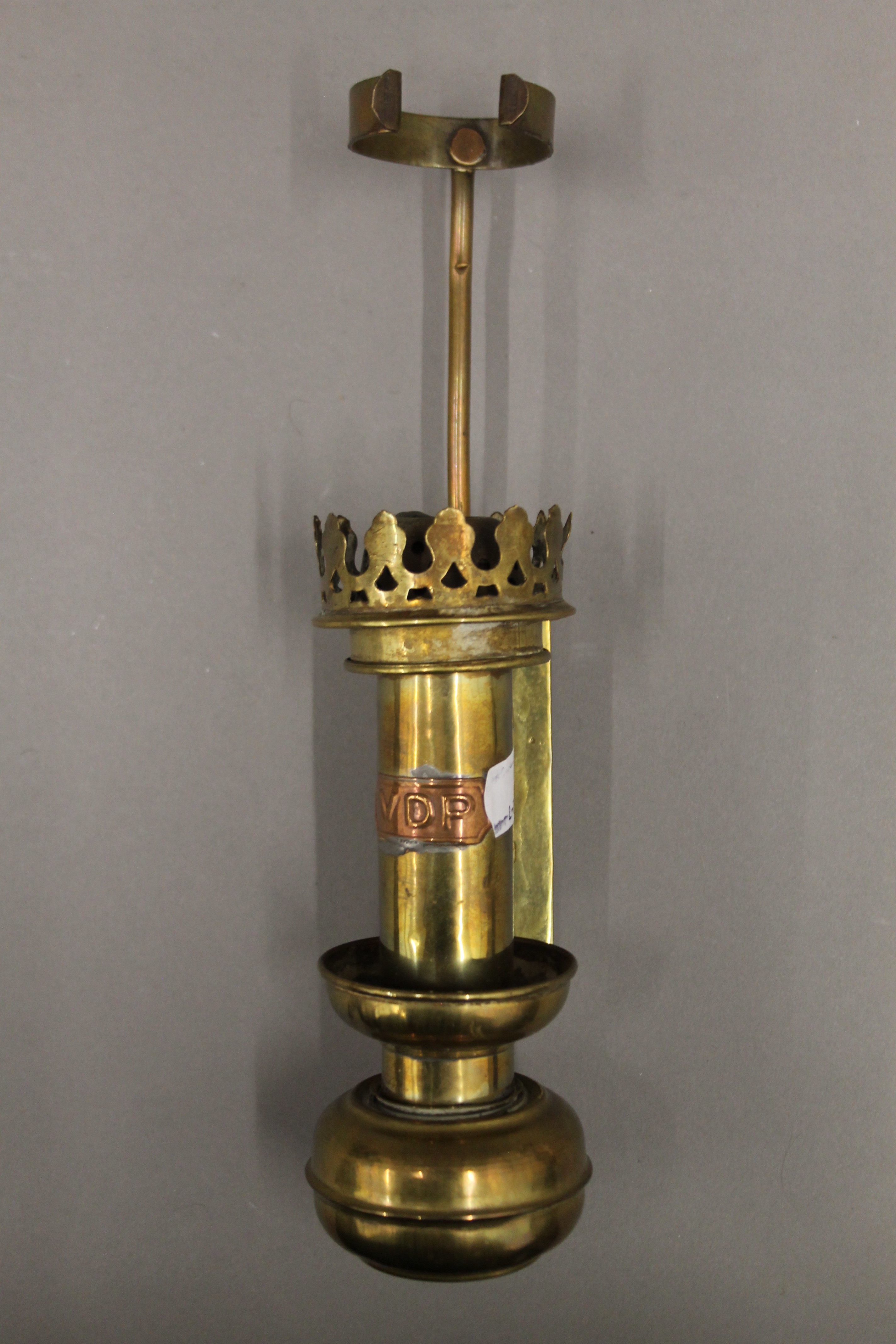 A pair of brass railway coach lamps, each with copper plaque inscribed VDP. Each 42 cm high overall. - Image 3 of 3