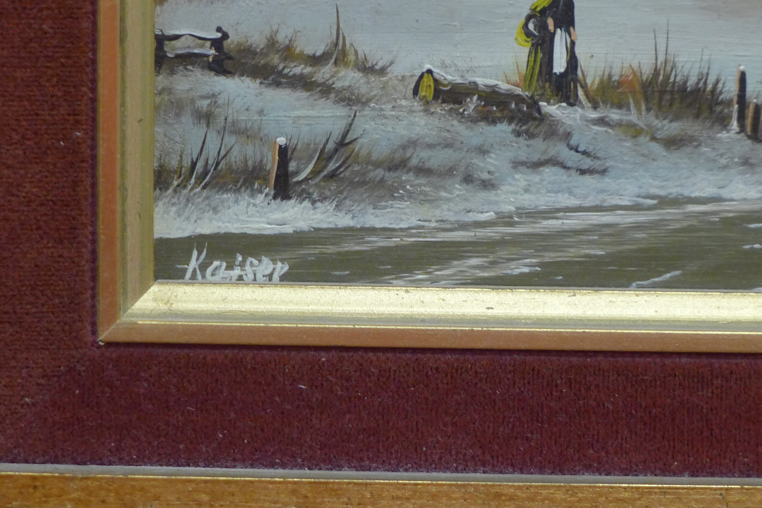 DUTCH SCHOOL, Winter Landscapes, a pair of oils on board, signed Kaiser, framed. 23.5 x 18.5 cm. - Image 6 of 6