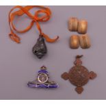 A pair of silver cufflinks, a military cap badge, a St Johns Ambulance pendant, etc.